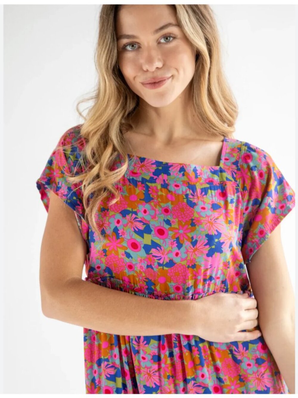Natural Life Berkley Floral Tiered Maxi Dress Pink Blue Boho Rayon Size L - Picture 2 of 7